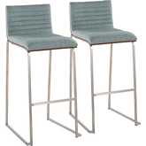 Mason Mara 30" Bar Stool in Stainless Steel, Walnut Wood & Green Fabric (Set of 2)
